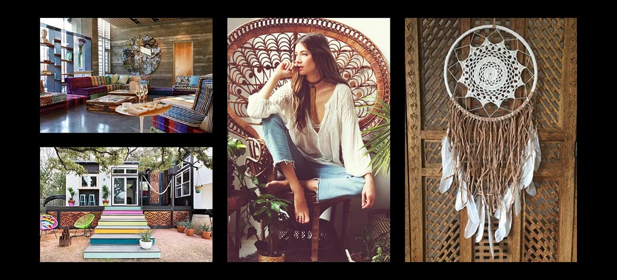 Boho moodboard: striped cushions, rainbow steps, a woman in a white blouse on a peacock rattan chair, a dreamcatcher on lattice