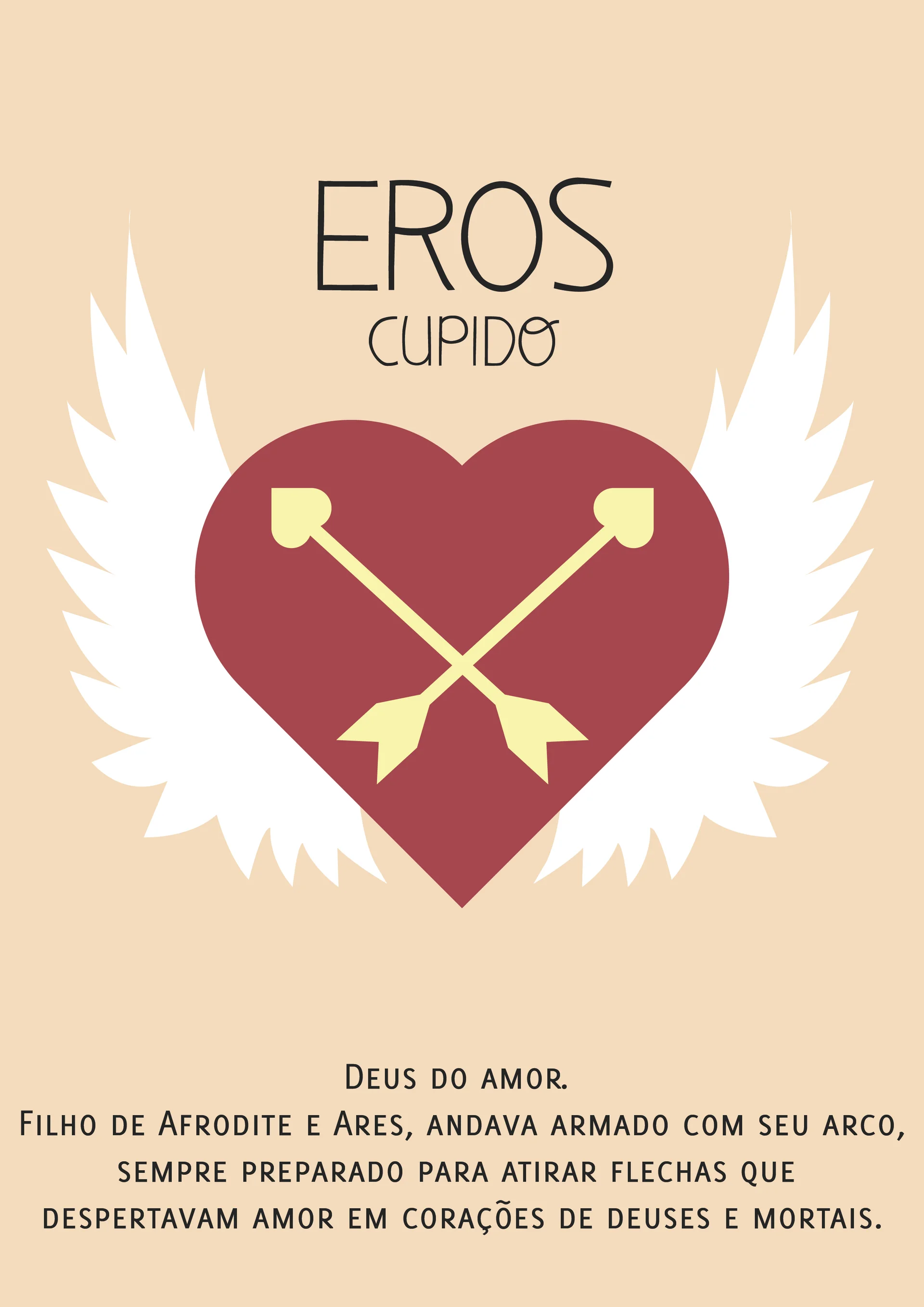 Eros Cupido poster: red heart with crossed yellow arrows and white wings on beige, with Portuguese text below