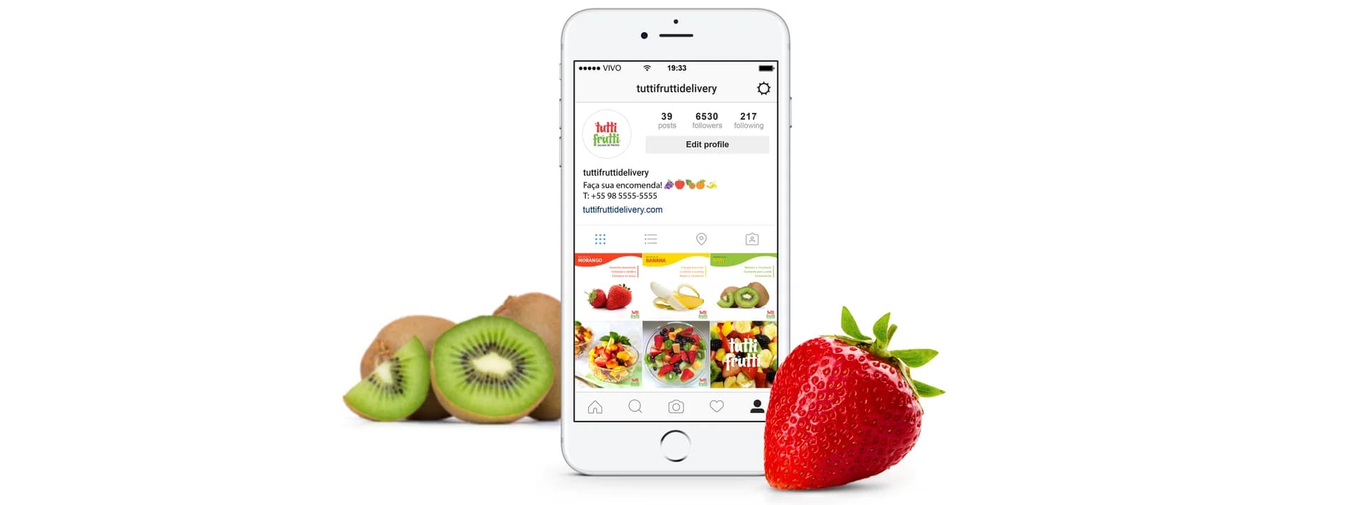 Tutti Frutti social media profile surrounded by fresh fruit.