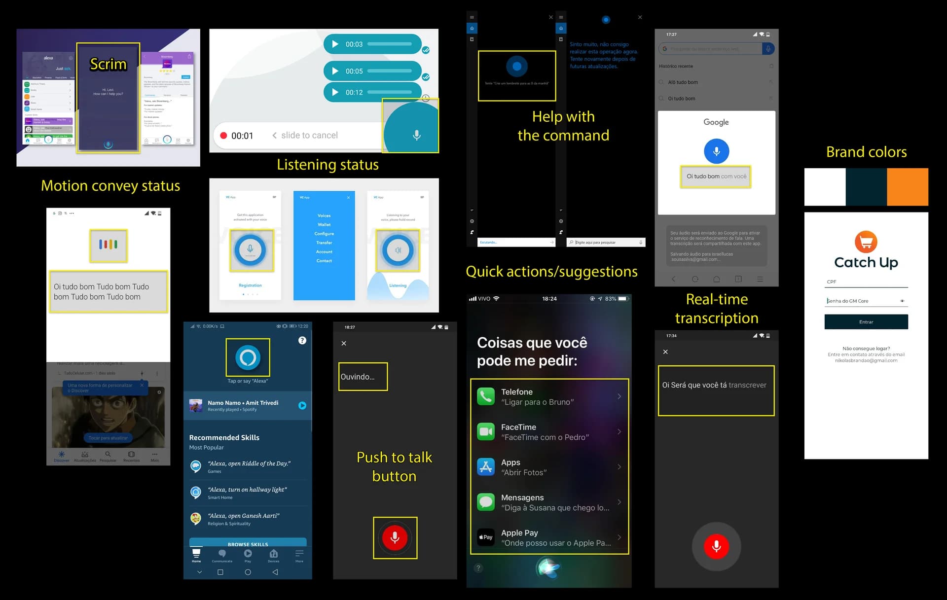 Mobile UI mockups of voice assistant elements and interaction states.