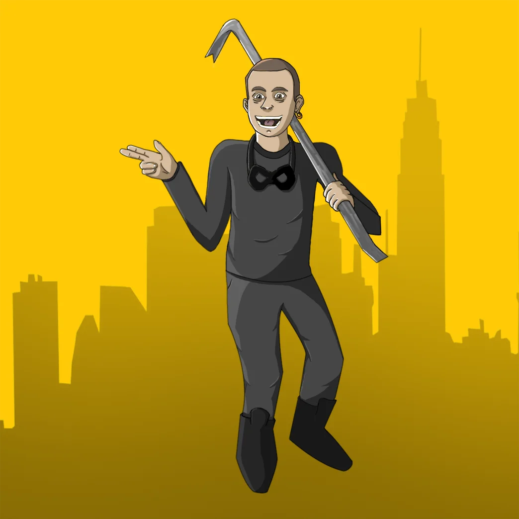 Cartoon man in black with a neck mask, a crowbar over his shoulder, flashing a peace sign in front of a yellow skyline