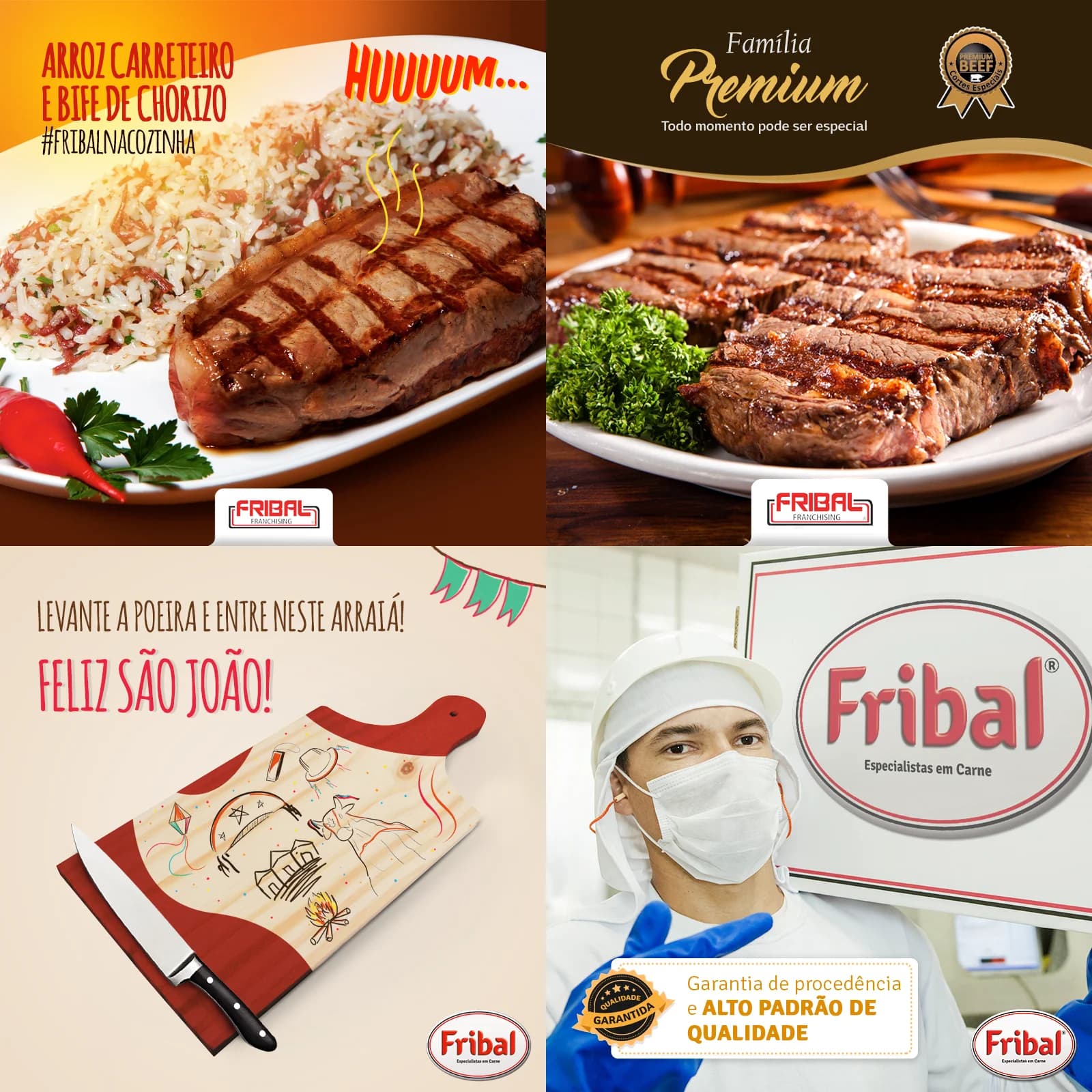 Four Fribal social media posts: grilled steak with rice, premium beef, a Feliz São João board and a masked worker
