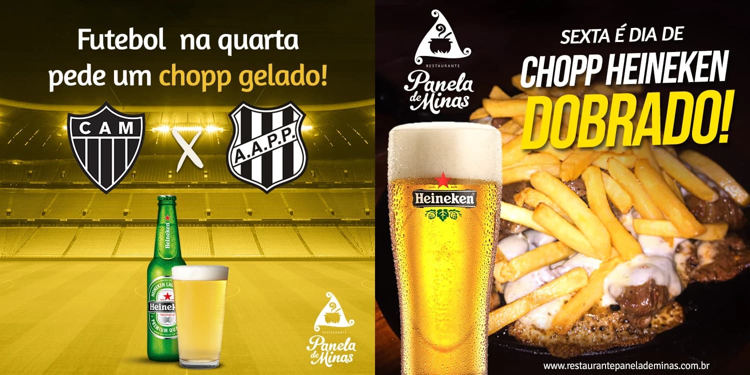 Two Panela de Minas posts: a yellow match-day post with club crests and Heineken, and a dark chopp dobrado post with fries