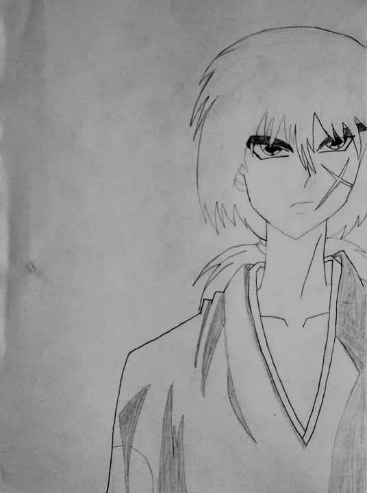 Pencil portrait of an anime character with short hair, a cross-shaped cheek scar and intense eyes