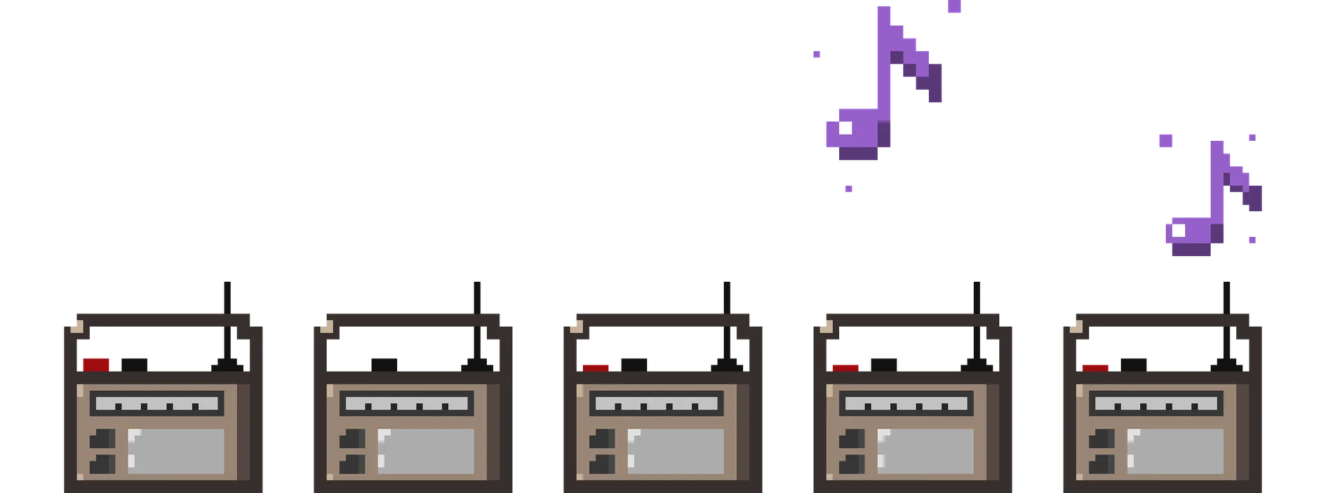 Five frames of the pixel-art radio animation in a row, with two purple music notes floating above