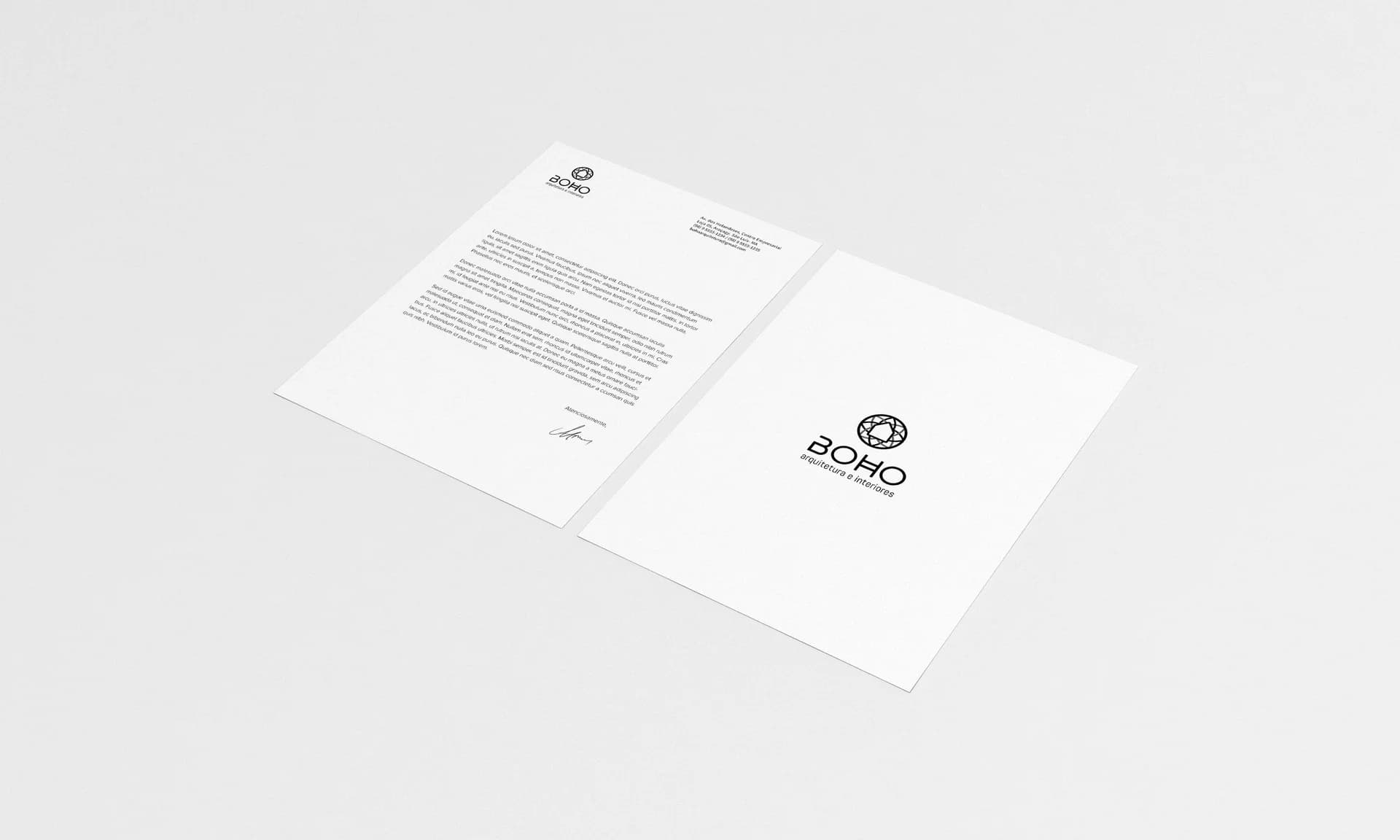Two BOHO letterheads on grey: one with logo, body text and signature, the other with a centred circular logo