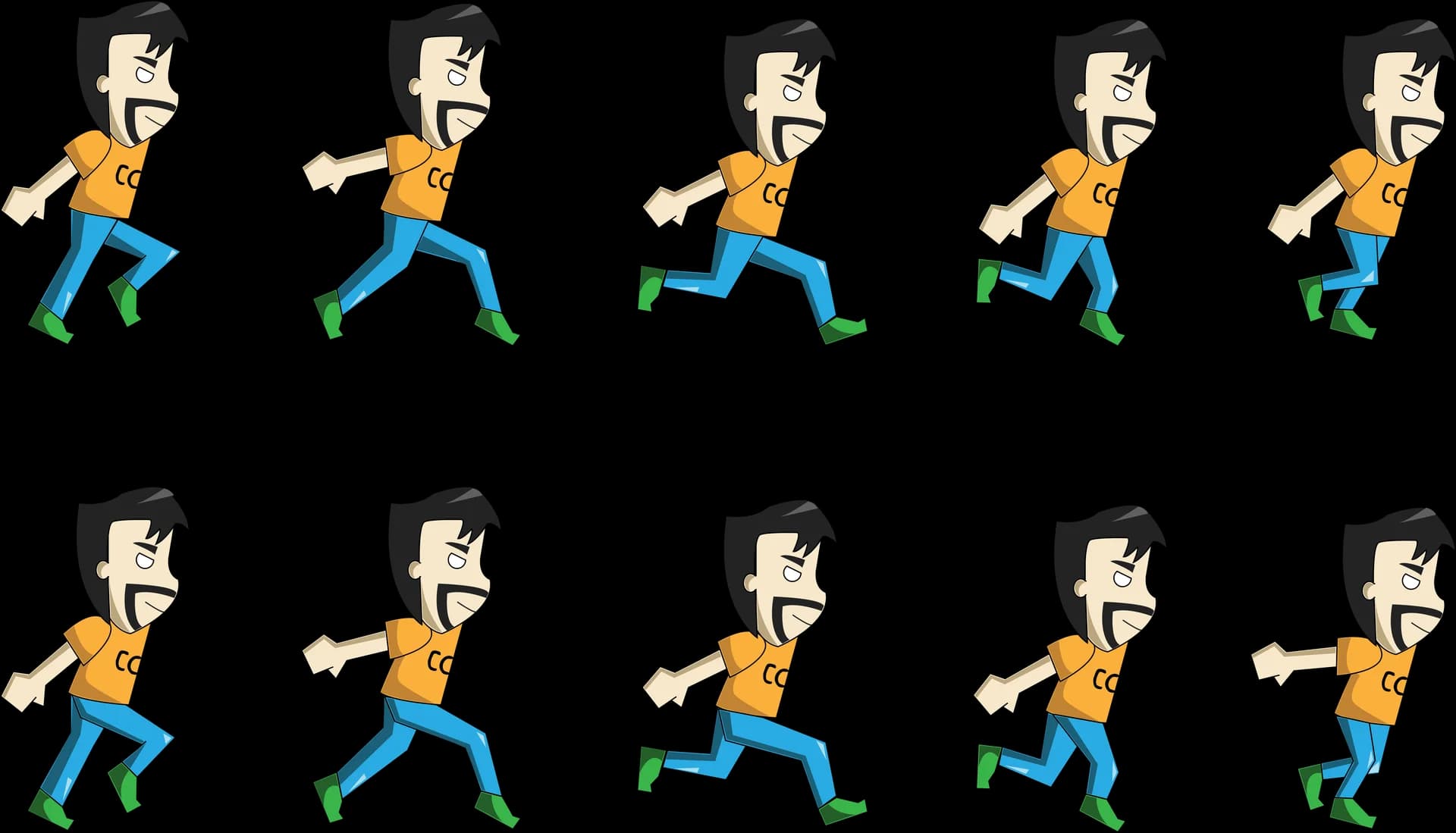 Ten-frame run-cycle sprite sheet of a goateed cartoon man in an orange shirt, blue trousers and green shoes
