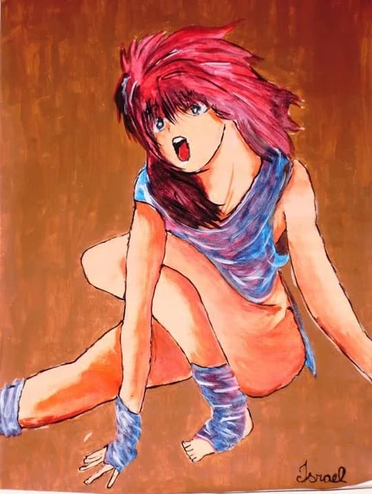 Red-haired anime girl crouching with her mouth open, in a blue top and leg wraps, on a brown background, signed Israel