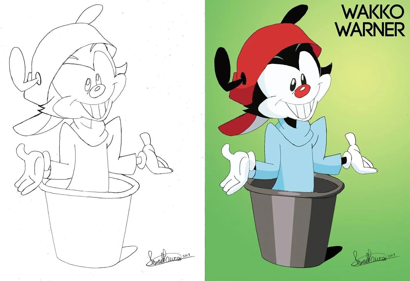 Wakko Warner fan art in a trash can with his red cap and blue shirt, as line art and in colour on green