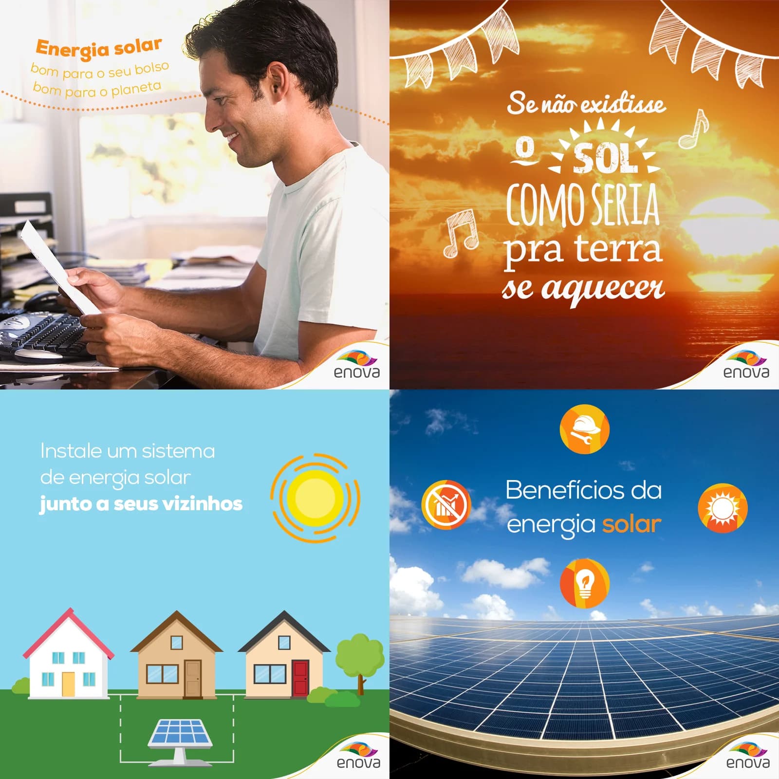 Four Enova solar energy posts: a man at a desk, a sunset sea, houses with panels and panels under blue sky, with Portuguese text