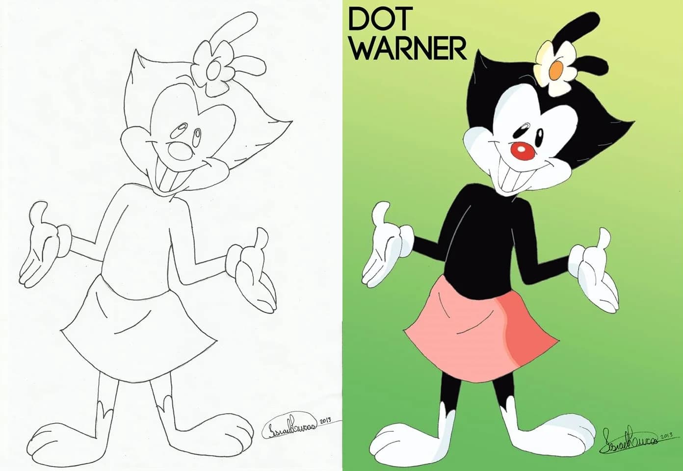 Dot Warner fan art, shown as line art and in colour on a green background with her name lettered