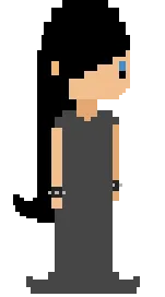 Pixel-art side profile of Nathilda: pale skin, long black hair, a blue eye, a long dark grey dress and wrist bracelets
