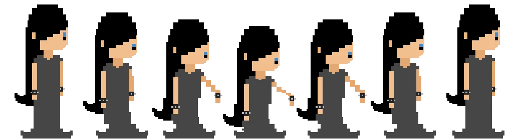 Eight walk-cycle frames of Nathilda in profile, with a long black ponytail and a grey sleeveless dress