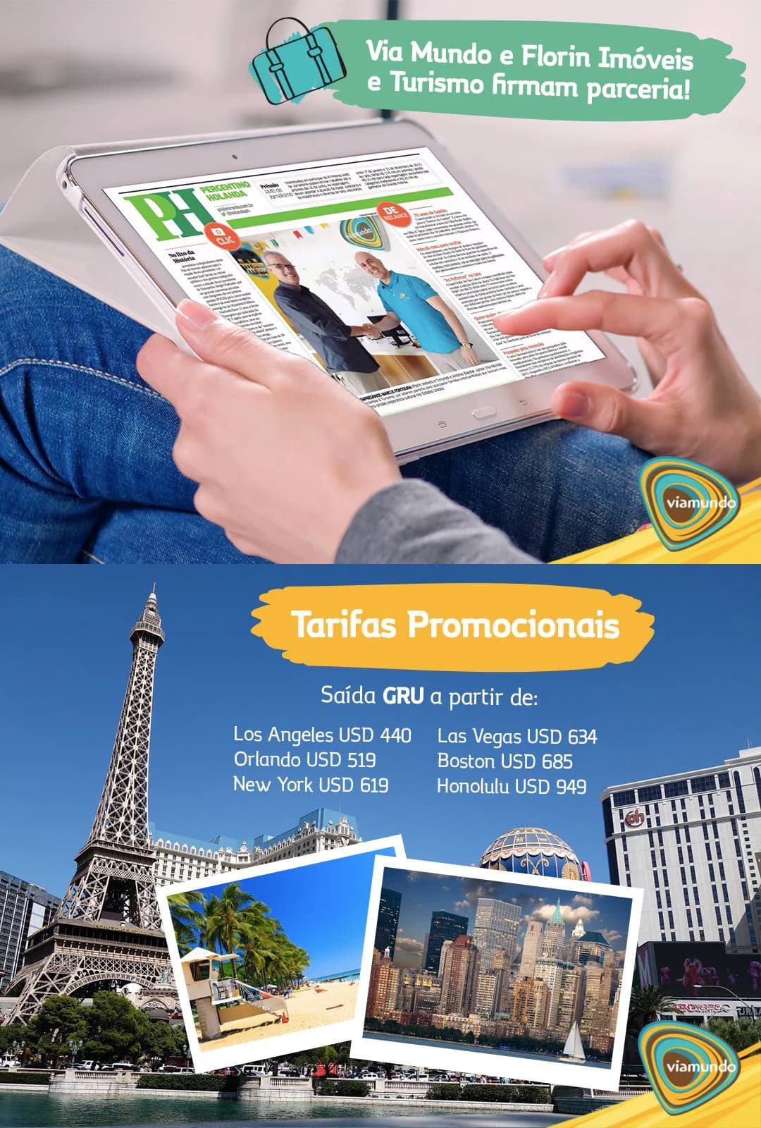 Hands holding a tablet with a magazine layout, above a blue Tarifas Promocionais banner with the Eiffel Tower and flight fares
