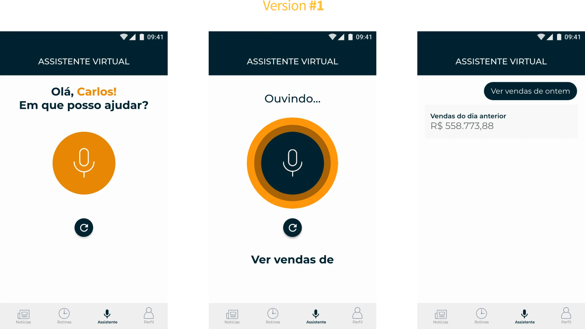 Three app screens of a voice assistant used to check sales data.