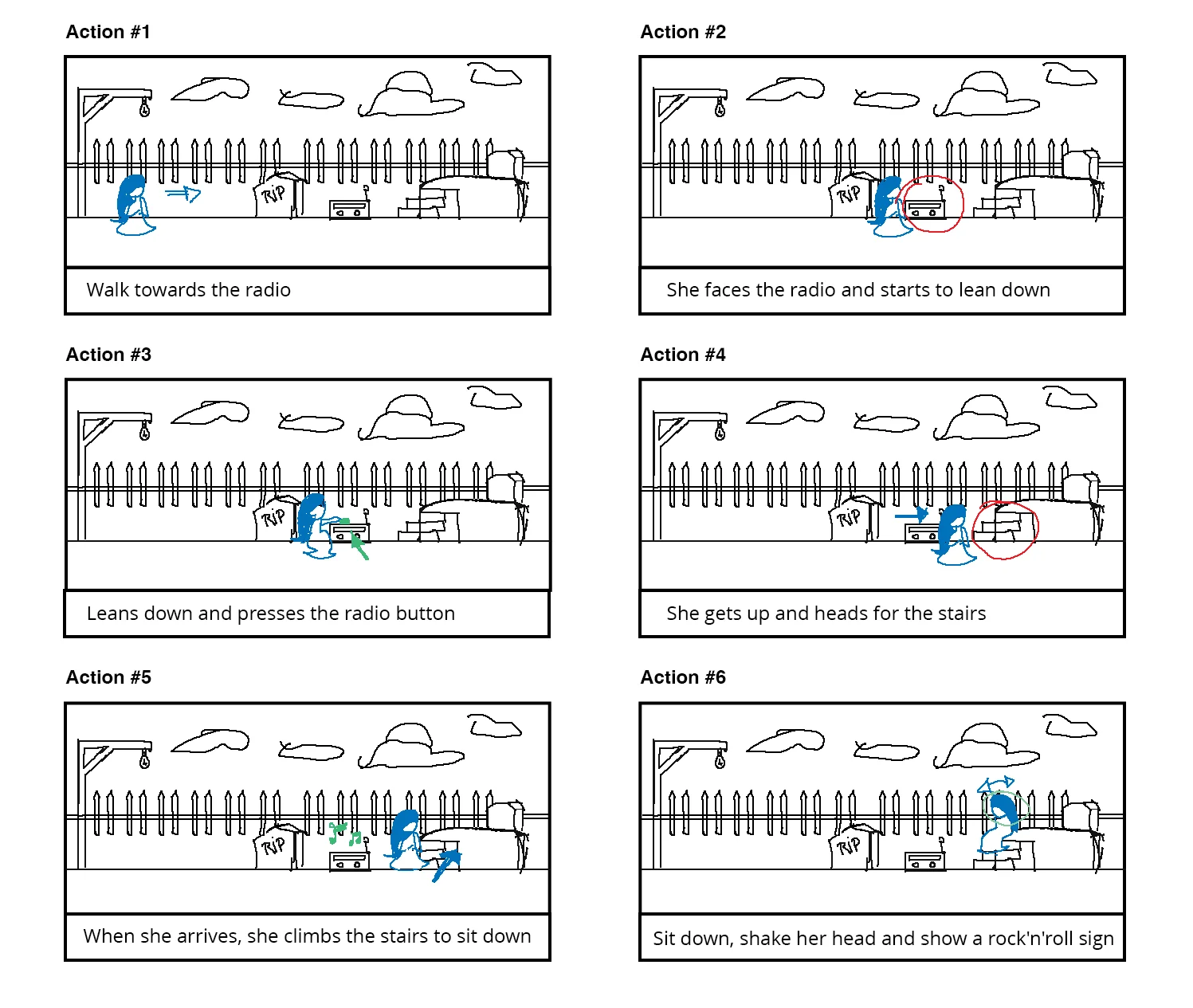 Six storyboard panels: the girl walks to a radio, presses it and climbs stairs, ending at a RIP tombstone