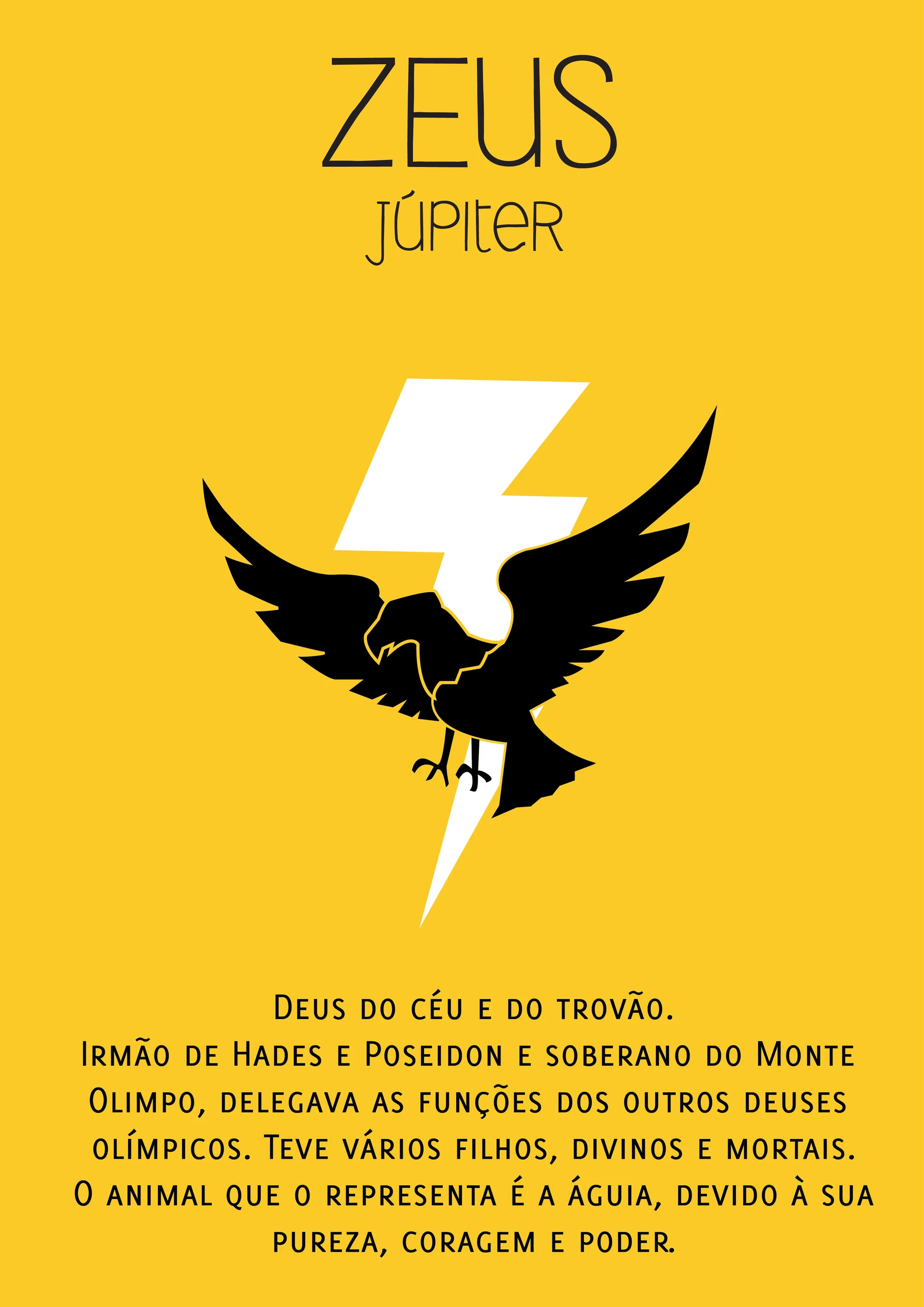 Zeus Júpiter poster: black eagle over a white lightning bolt on yellow, with Portuguese text below