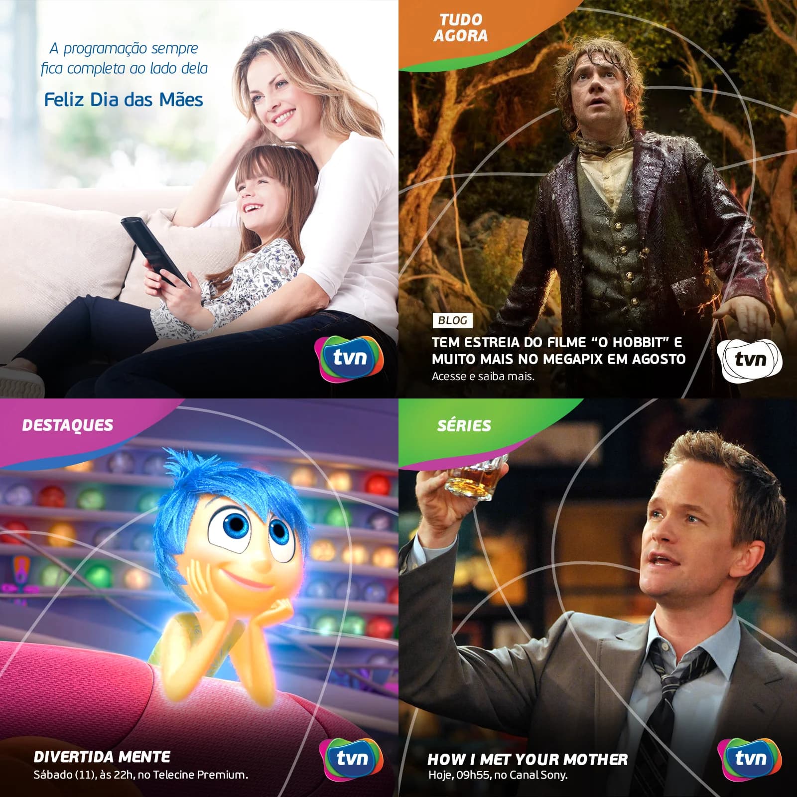 Four TVN social media posts: a Mother's Day mother and child, a Hobbit blog post, Inside Out and How I Met Your Mother