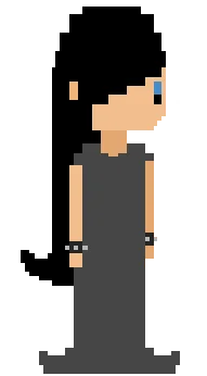 Pixel-art profile of Nathilda, a pale teenager with long black hair, a blue eye, a grey sleeveless dress and bracelets