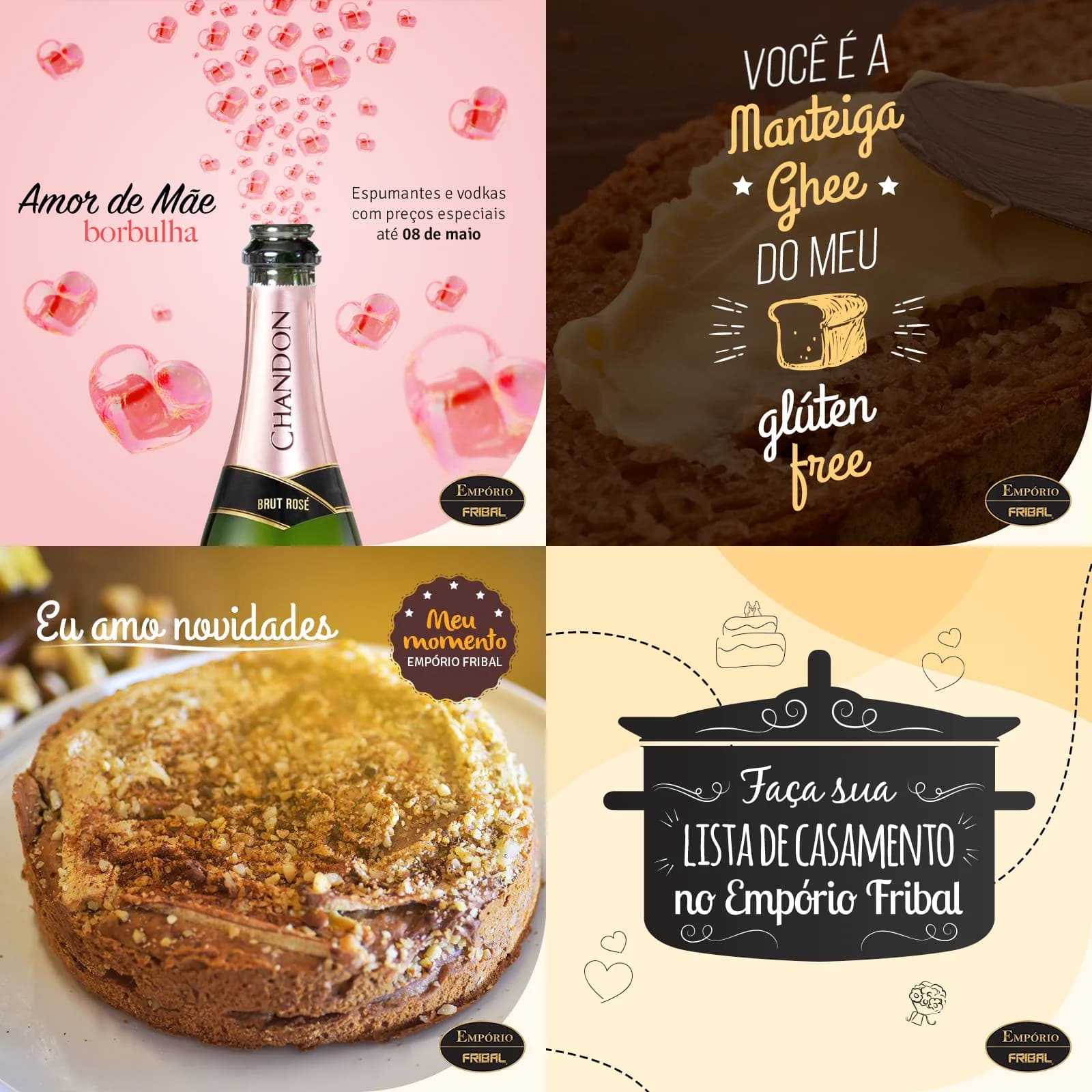 Four social media posts: sparkling wine with hearts, gluten-free bread, a chocolate cake and a wedding list