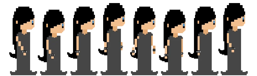 Eight pixel-art profile frames of Nathilda in a grey dress, forming a walk cycle