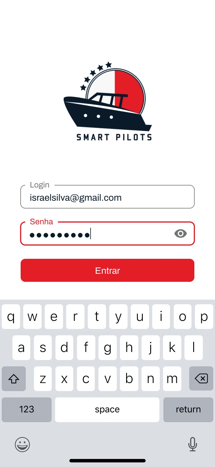 Smart Pilots login screen with a boat logo, email and password fields and a red button.