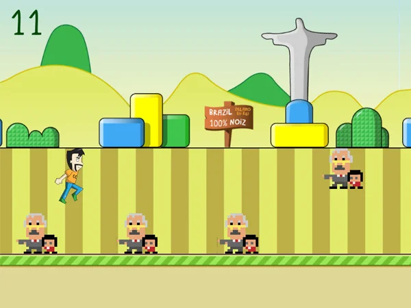 Gameplay screen: score 11, Christ the Redeemer, a Brazil 100% Noiz sign, coloured blocks and a jumping character