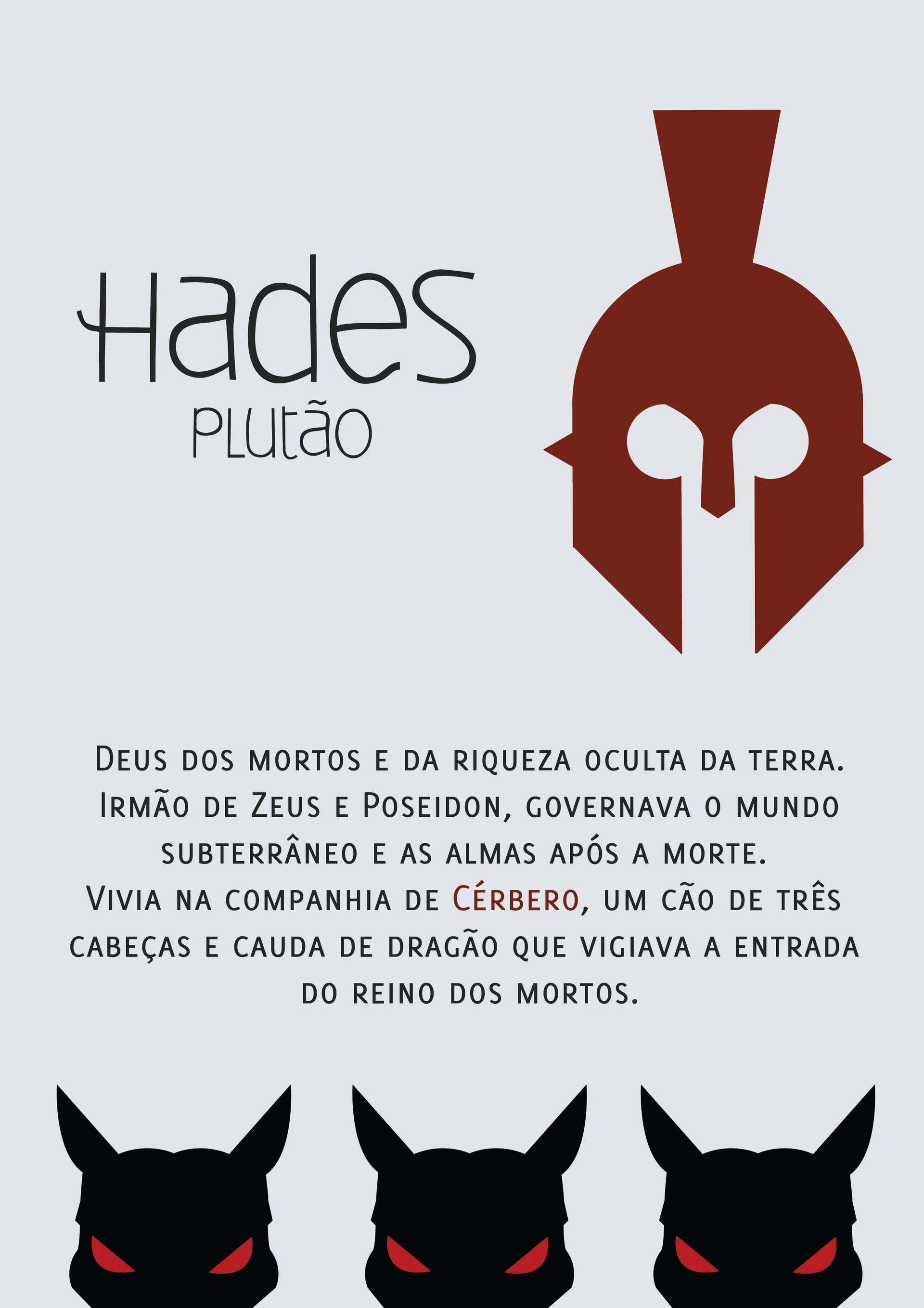 Hades Plutão poster: red Greek helmet above three black Cerberus heads with red eyes, with descriptive Portuguese text
