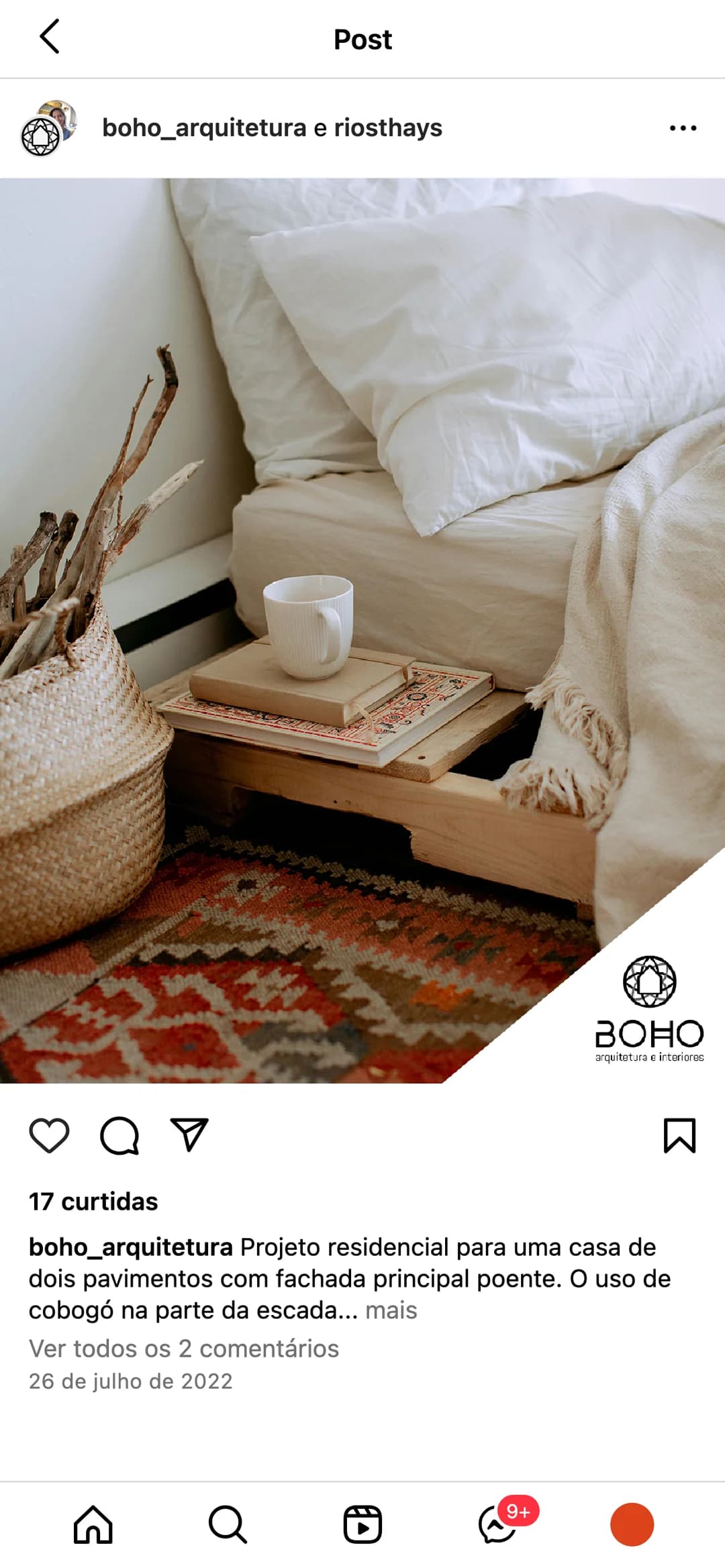 BOHO Instagram post mockup: bedroom corner with white pillows, a mug on a book, a woven basket, a patterned rug and the logo