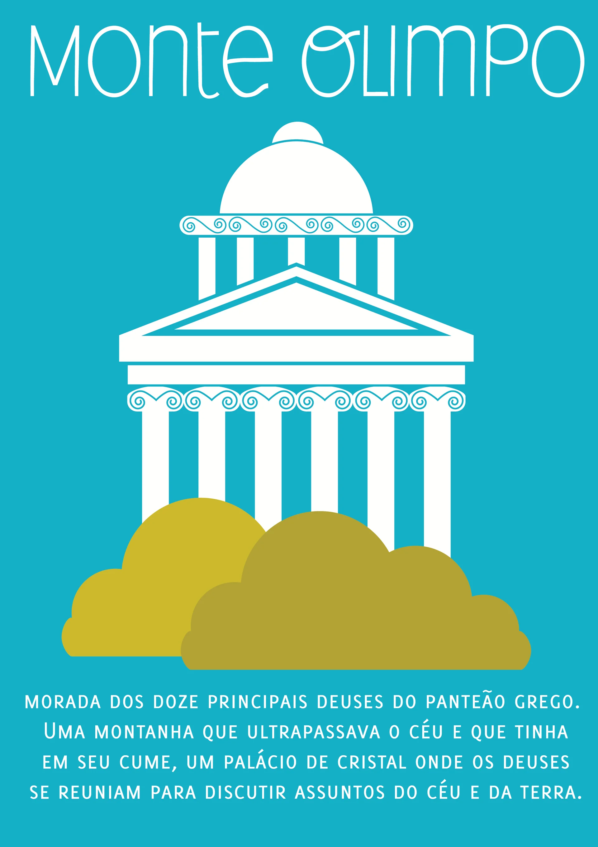 Monte Olimpo poster: white Greek temple on olive clouds over teal, with Portuguese text about the gods