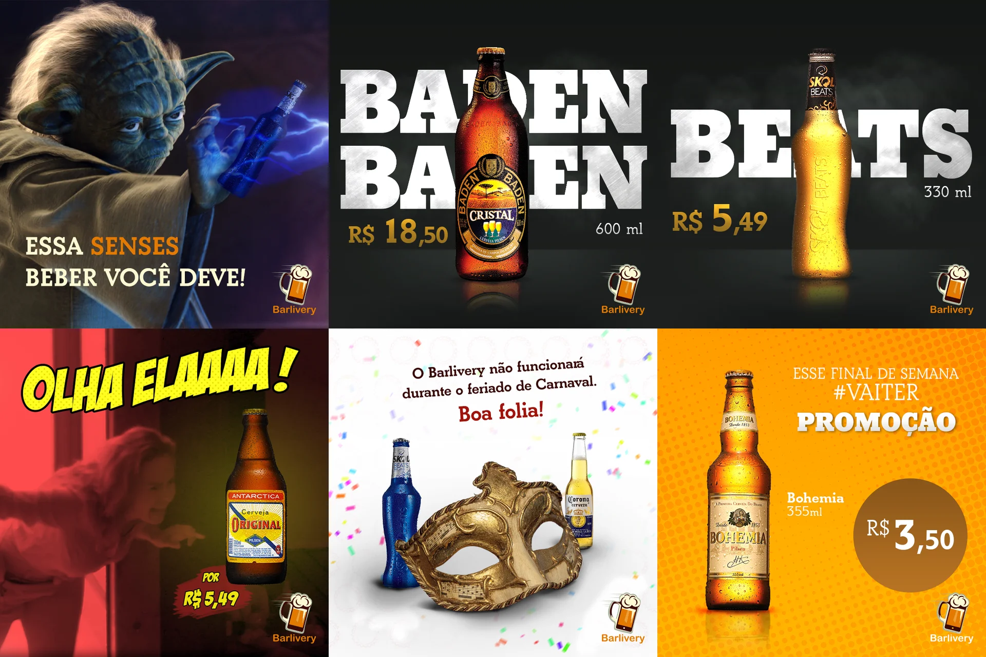 Six Barlivery beer posts, including a Yoda with a glowing bottle, Baden Baden and Ska prices, a carnival mask and a Bohemia promo