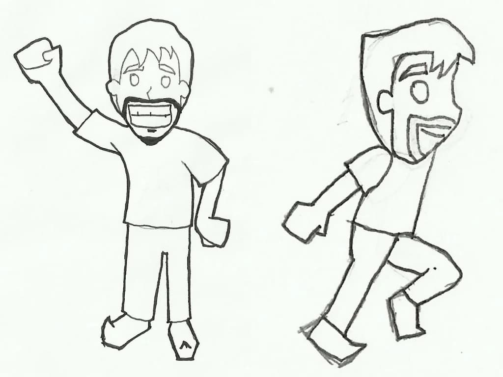 Pencil sketches of two grinning bearded cartoon men, one cheering with a raised fist, one striding forward