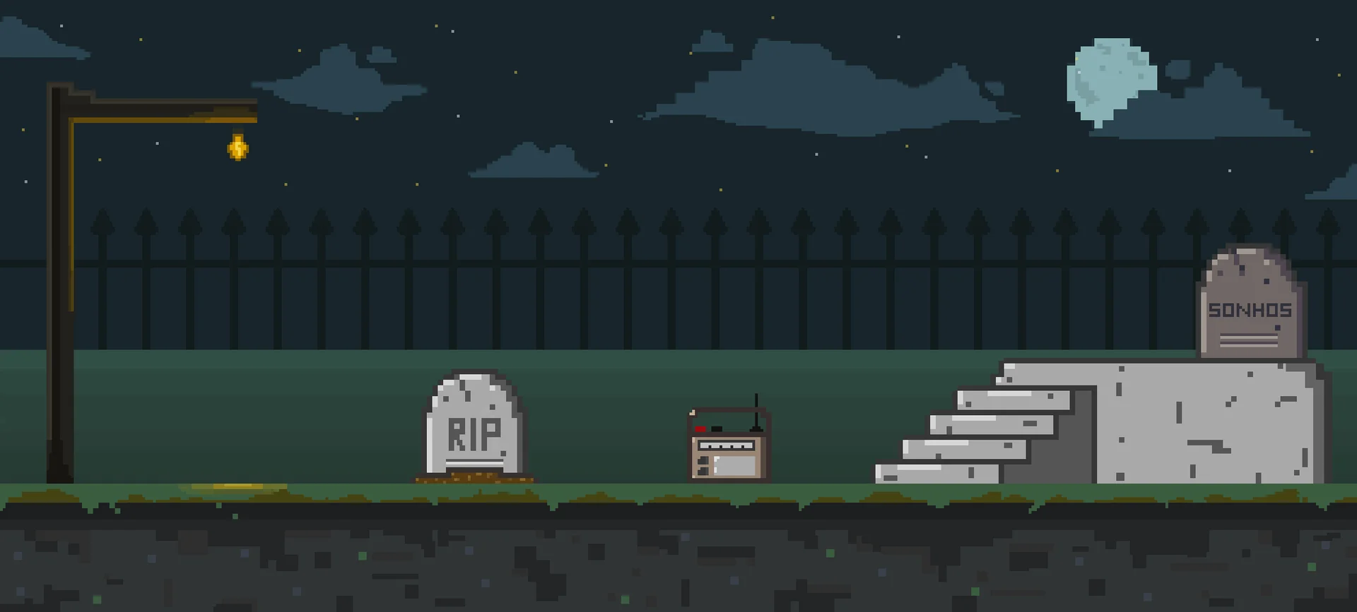 Pixel-art night graveyard background: street lamp, iron fence, RIP and SONHOS tombstones, a radio, stairs and the moon