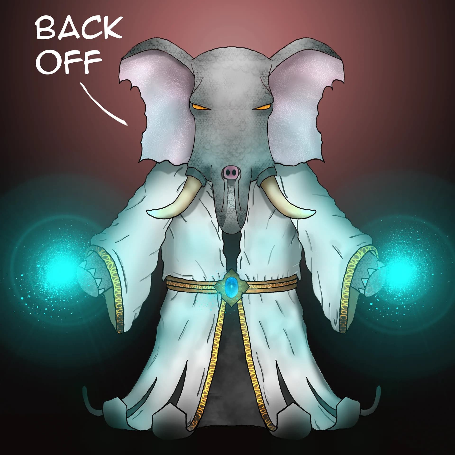 Elephant mage in a white robe with gold trim holding glowing teal orbs, with BACK OFF lettered top left