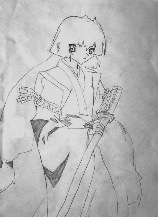 Pencil sketch of an anime-style figure with short hair in a robe, holding a katana upright with both hands