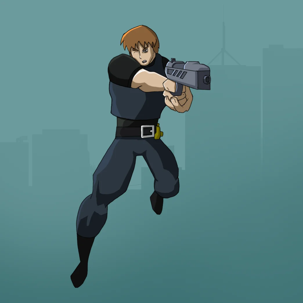 Anime-style man with brown hair leaping and aiming a futuristic grey gun against a teal cityscape