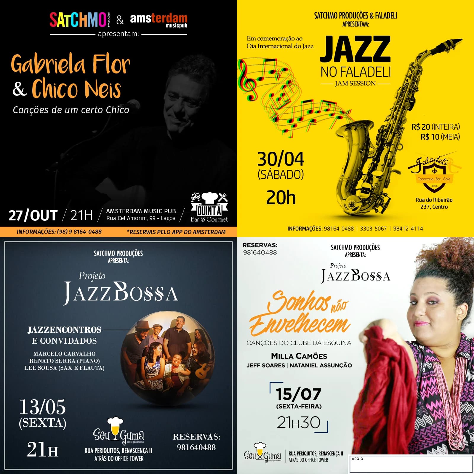 Four Satchmo event posters: a guitar duo, a yellow saxophone jazz session, a JazzBossa group photo and a singer in red