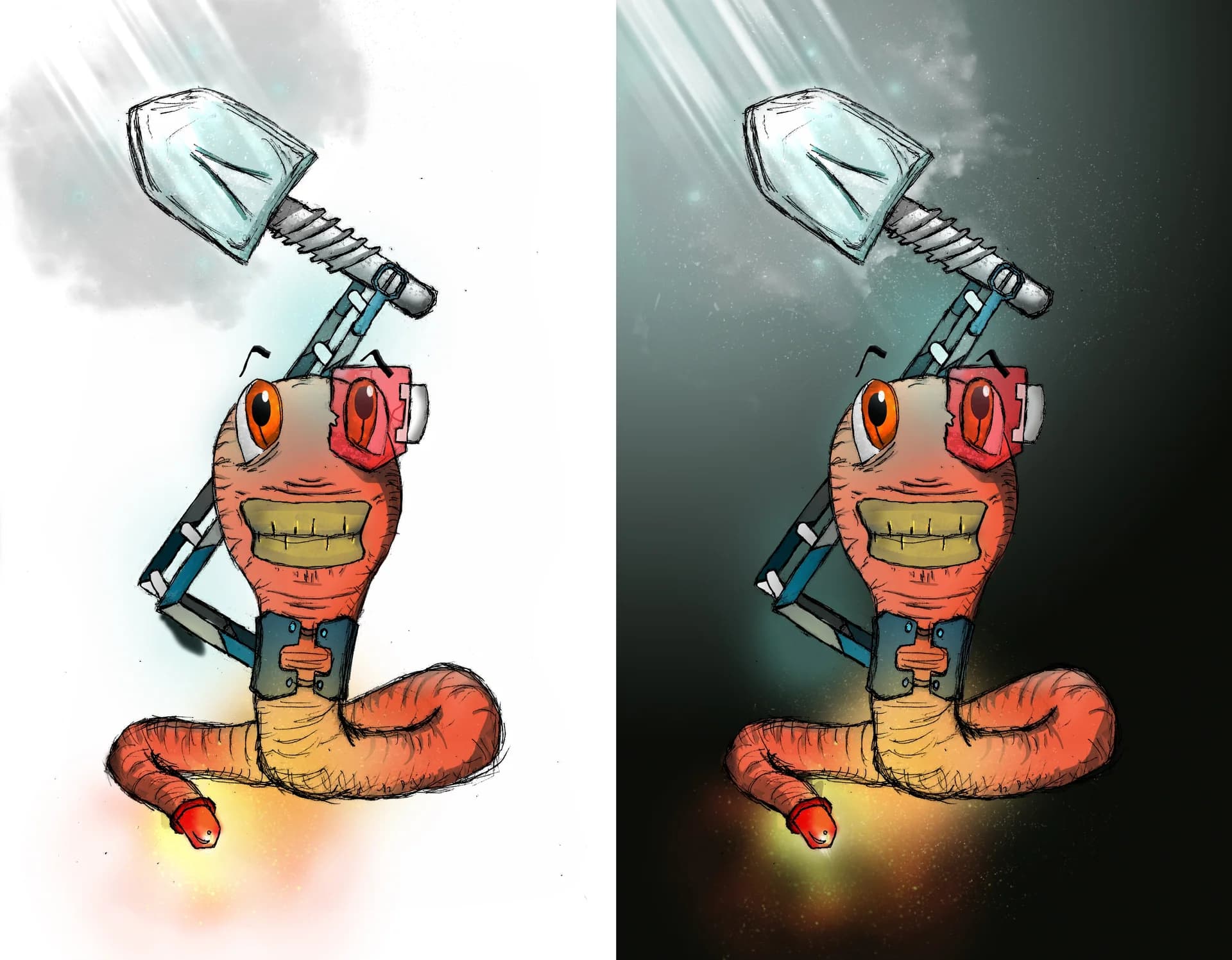 Orange robotic worm holding a shovel, shown flat on white and again with dramatic dark lighting