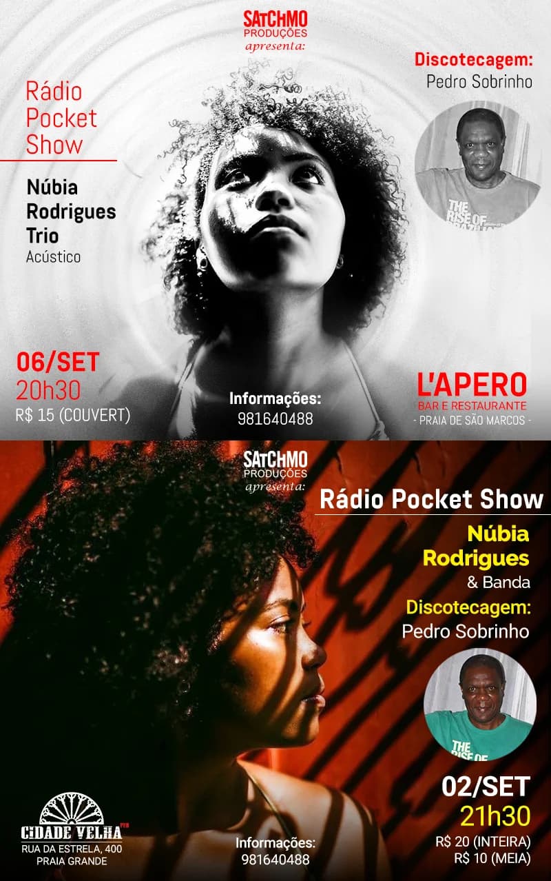 Two Satchmo posters for Rádio Pocket Show with Núbia Rodrigues Trio, on 02 and 06 September, with performer portraits