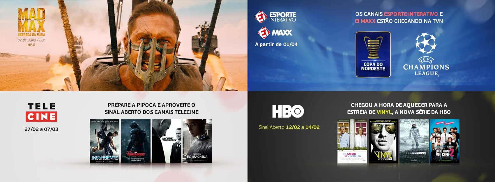 Four channel posts: an orange Mad Max HBO post, Esporte Interativo Maxx football, Telecine posters and a dark HBO Vinyl post