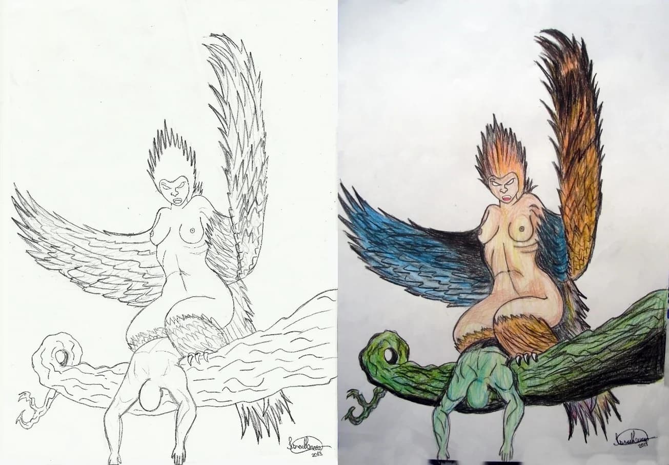 Harpy with spiky orange hair and blue and brown wings crouched on a gnarled branch, shown as pencil line art and in coloured pencil