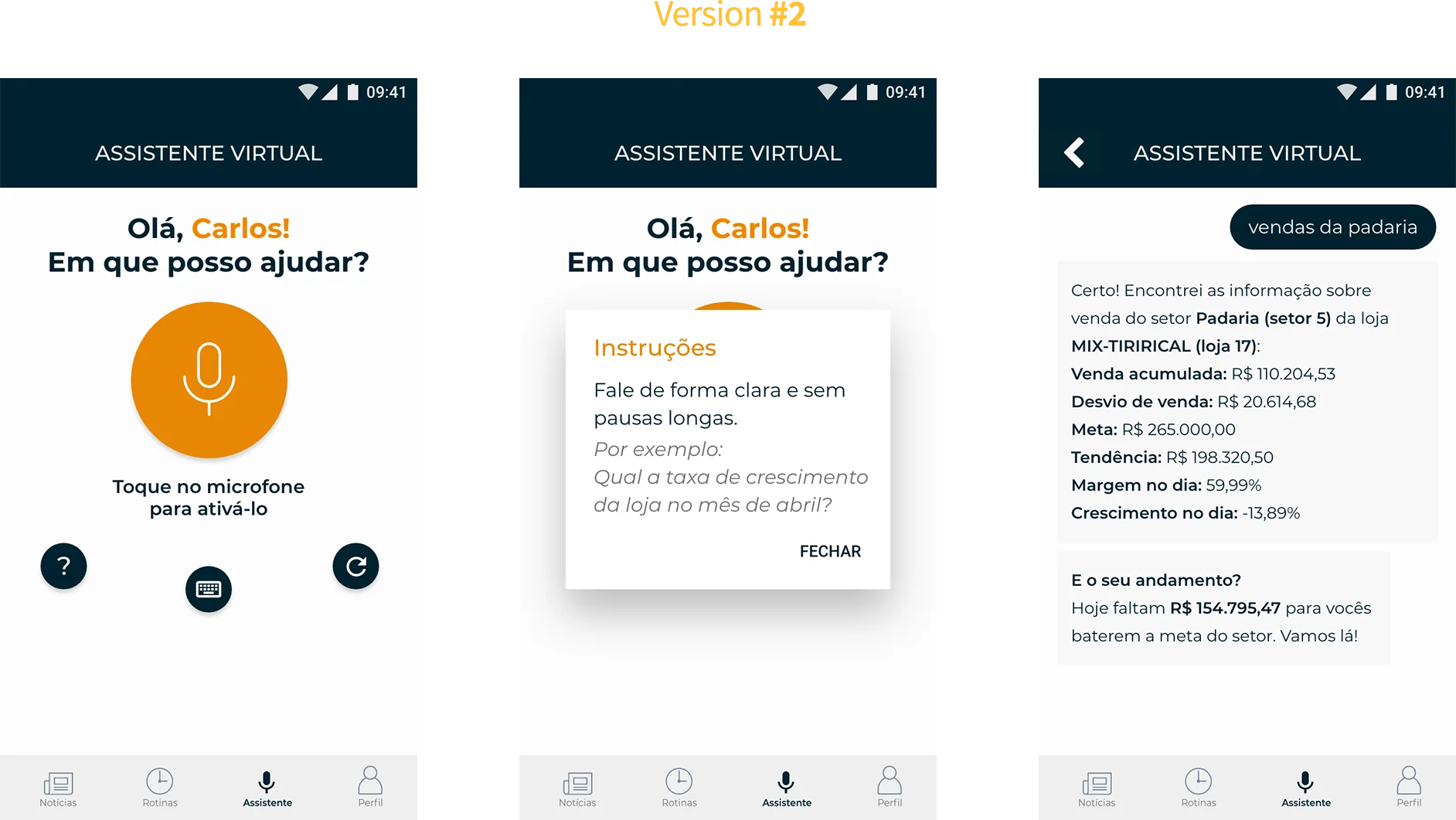 Three app screens of the voice assistant with voice commands and sales reporting.