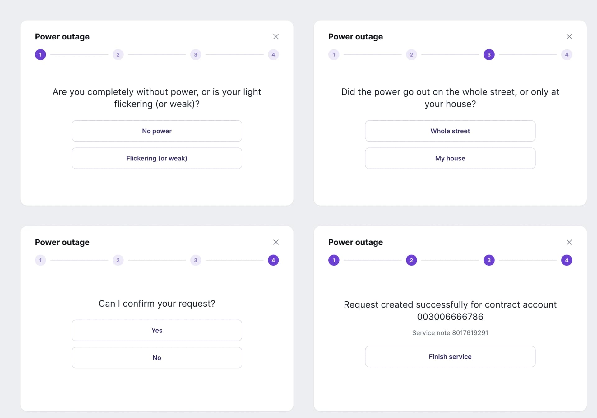 Outage triage flow on the CRM: without power or flickering, whole street or one house, then confirm.