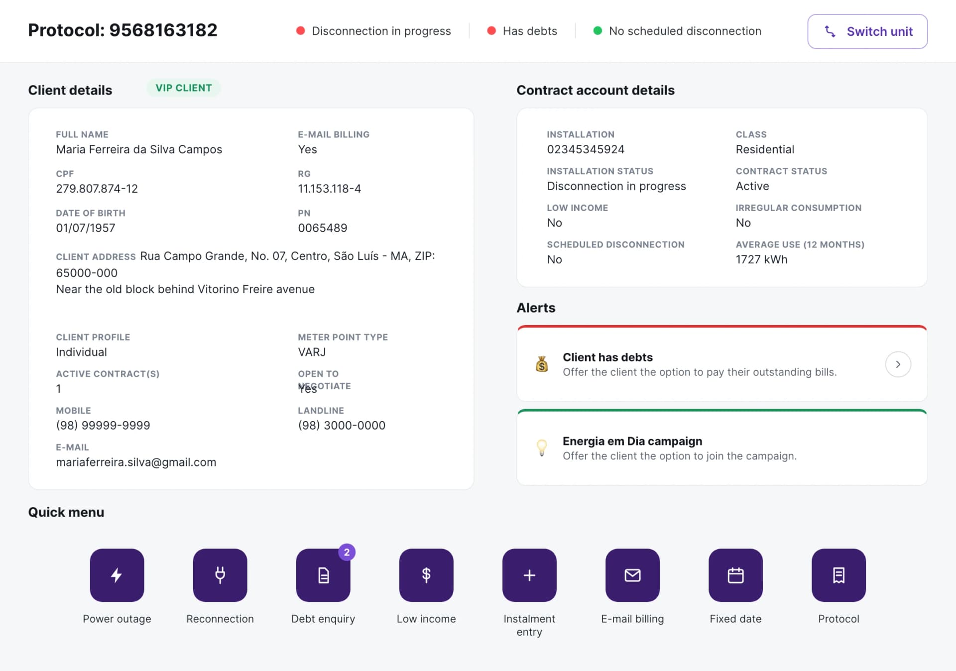 Client profile with contact details and the quick-access services for the call.