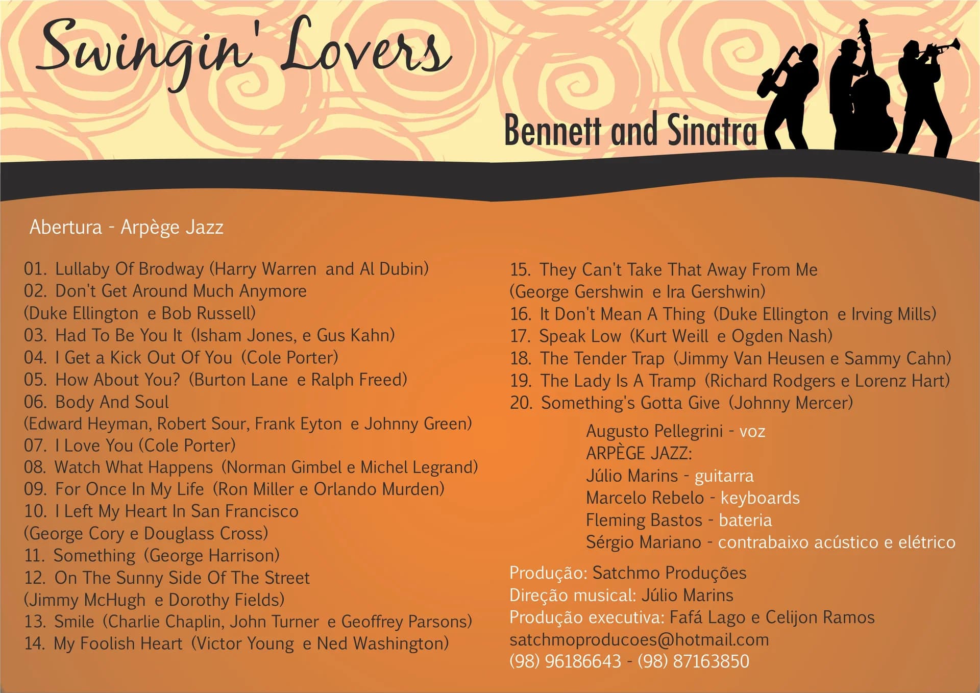 Swingin' Lovers outer layout: musician silhouettes, an orange tracklist and a cream swirl header