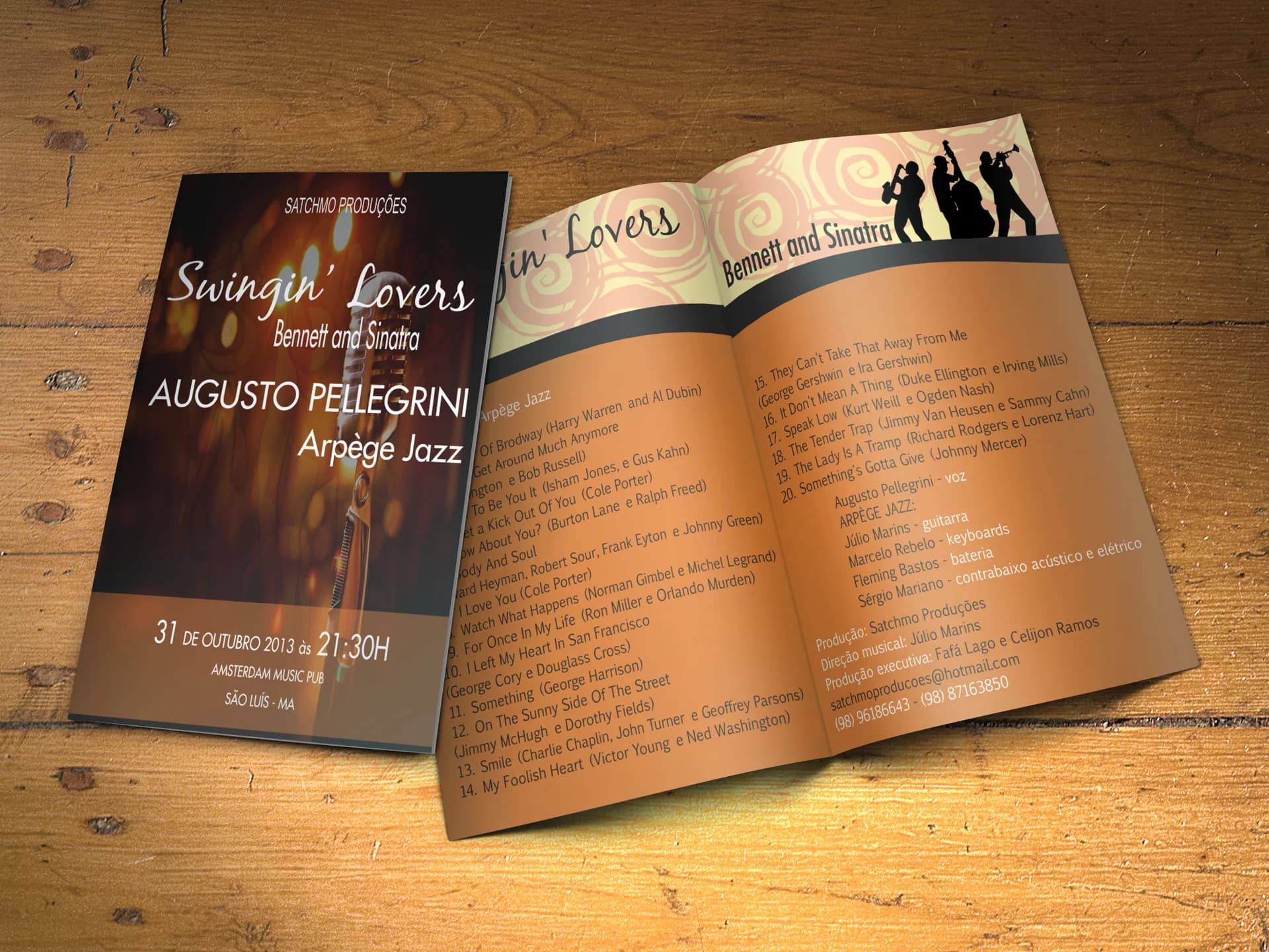 Swingin' Lovers inner spread with tracklist and credits beside the cover with the title and a vintage microphone