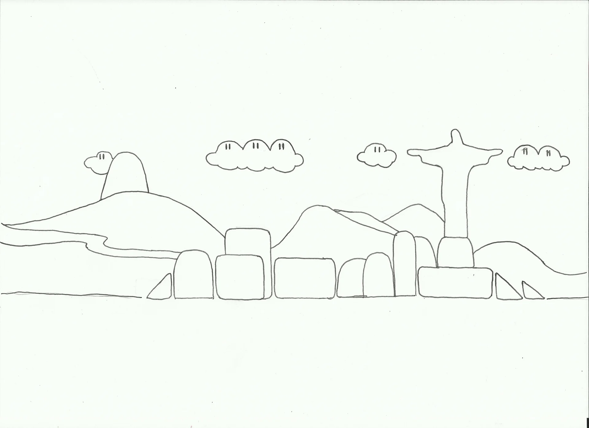Line drawing of the Rio skyline with Christ the Redeemer, hills and clouds, alongside rounded block letterforms