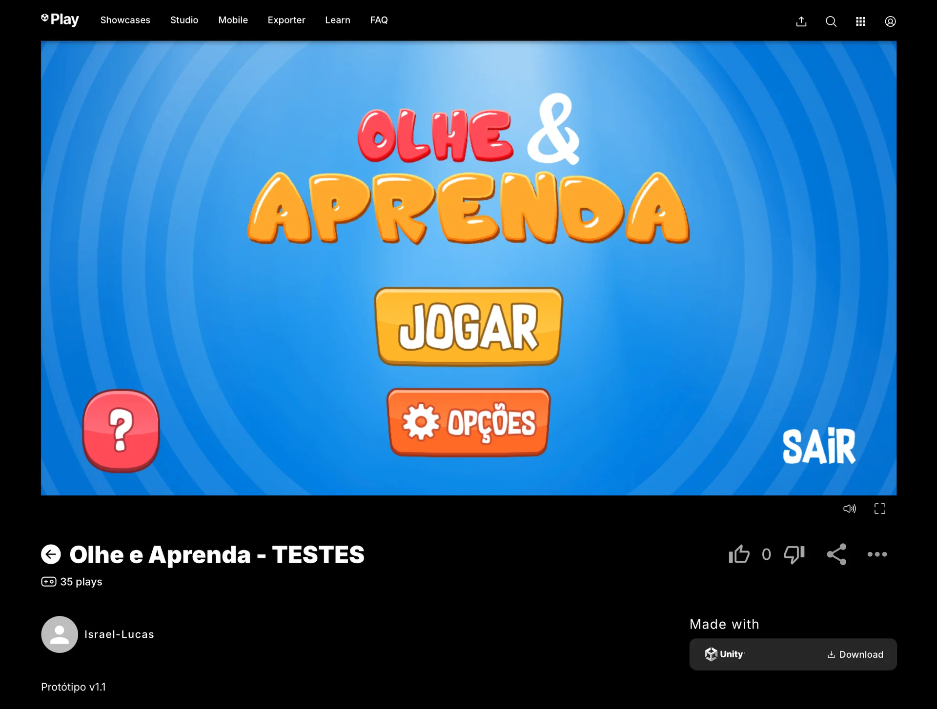 Main menu of the Olhe e Aprenda game with Jogar, Opções and Sair buttons.