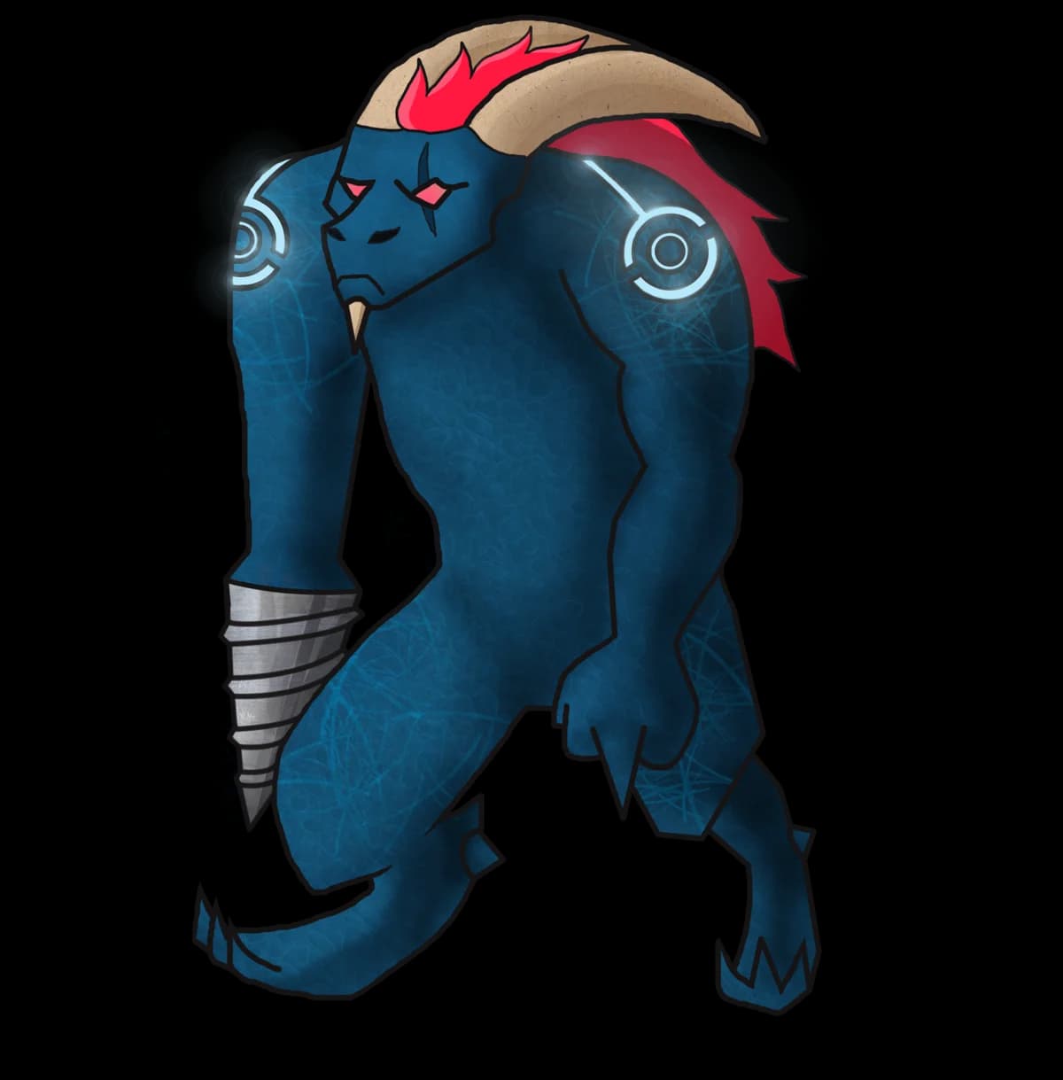 Basic cyborg concept art: blue zoomorphic beast with red eyes, a tan horn, a red mohawk, glowing shoulder rings and a drill arm