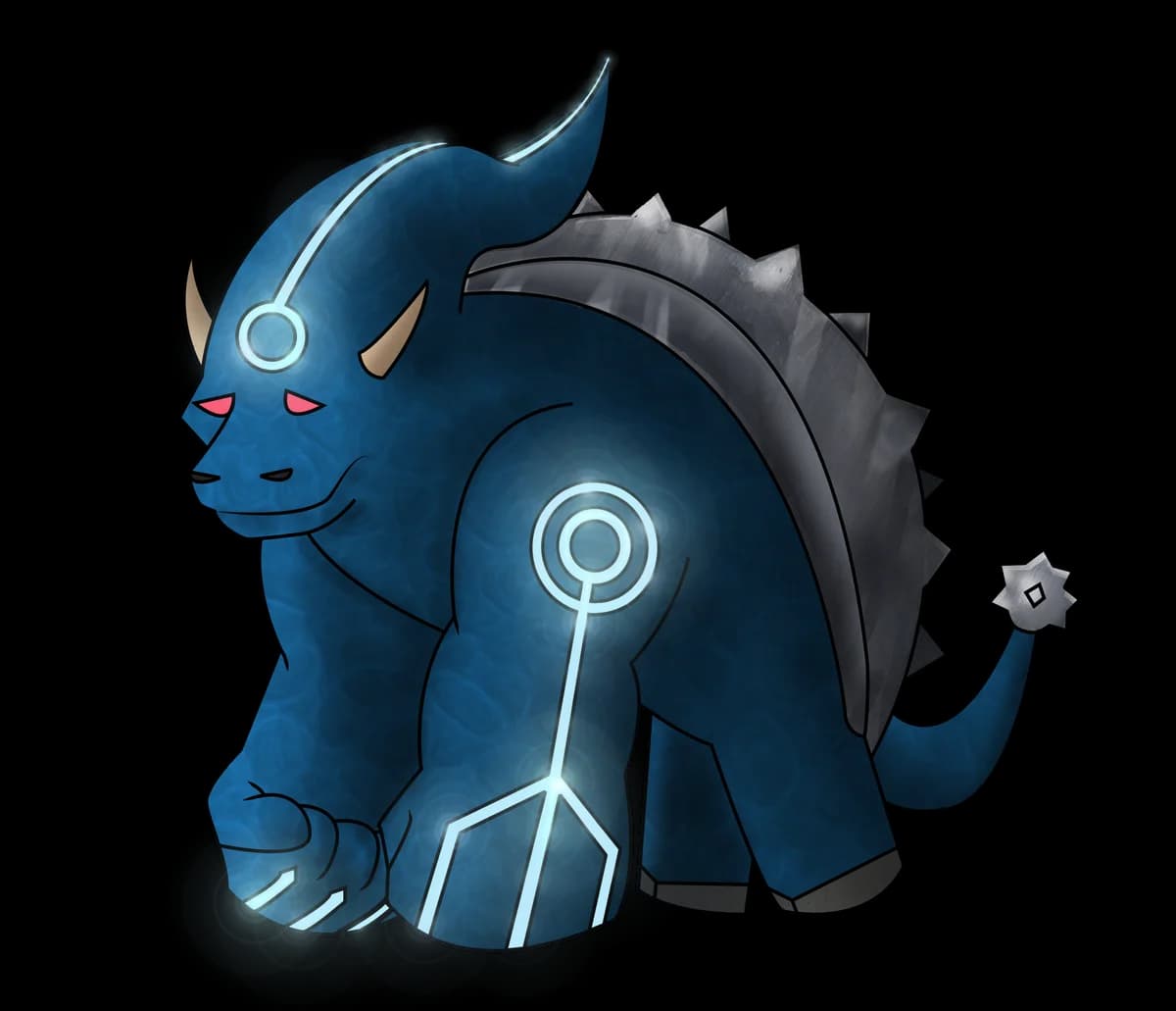 Heavy cyborg concept art: blue beast in side view with glowing circuits, tan horns, red eyes, spiked back armour and a gear tail